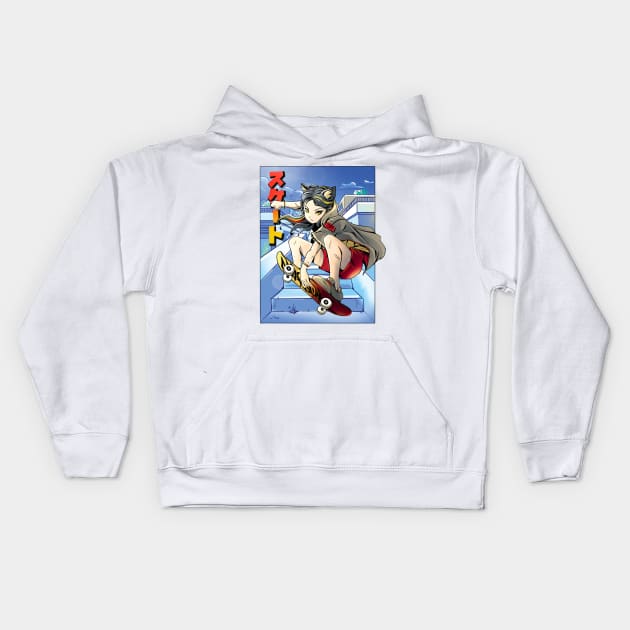 Anime cat girl skateboarding Kids Hoodie by madeinchorley